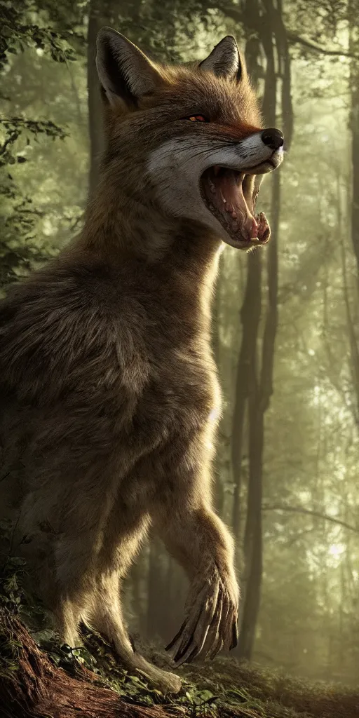 Image similar to half boy half fox hybrid, sunny day in the forrest, moody , lovecraft, giger, ridley scott, zack snyder, Fenghua Zhong, realistic cinematic lighting, establishing action shot, ultra detailed, hyper realism, photo, octane render.