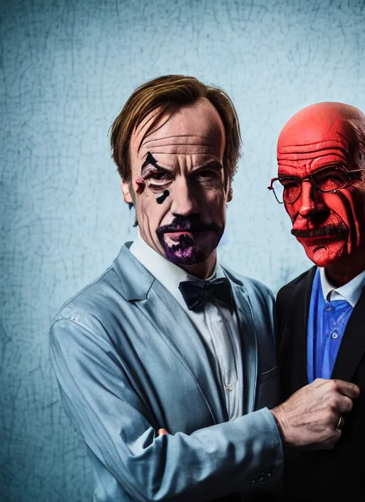 Prompt: portrait of saul goodman and walter white as the joker, absurdist bokeh studio lightning