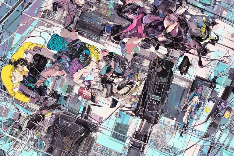 Prompt: a cyberpunk illustration of a group of four coherent cutely dressed female androids in style of masamune shirow, lying scattered across an empty, white floor with their bodies rotated in different poses and cables and wires coming out, by yukito kishiro and katsuhiro otomo, hyper-detailed, intricate, view from above, colorful