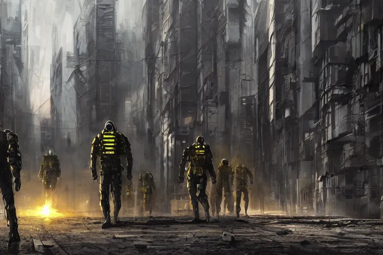 Prompt: humans with protection suits walking in cyberpunk apocalypse doomsday city with yellow poison gas, post nuclear coastline, fantasy concept art, hyper realistic illustration, symetrical complex fine detail, 8 k, sinister, artstation, unreal engine,