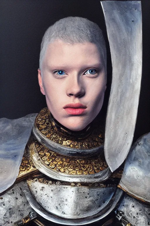 Image similar to hyperrealism oil painting, close - up portrait of albino medieval fashion model, knight, steel gradient mixed with nebula sky, in style of baroque