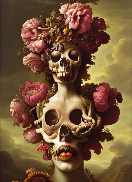 Image similar to strange, looming head, biomorphic painting of a woman with large eyes, wearing a crown of flowers and bones, deep rich colours by, rachel ruysch, and charlie immer, highly detailed, emotionally evoking, head in focus, volumetric lighting, oil painting, timeless disturbing masterpiece