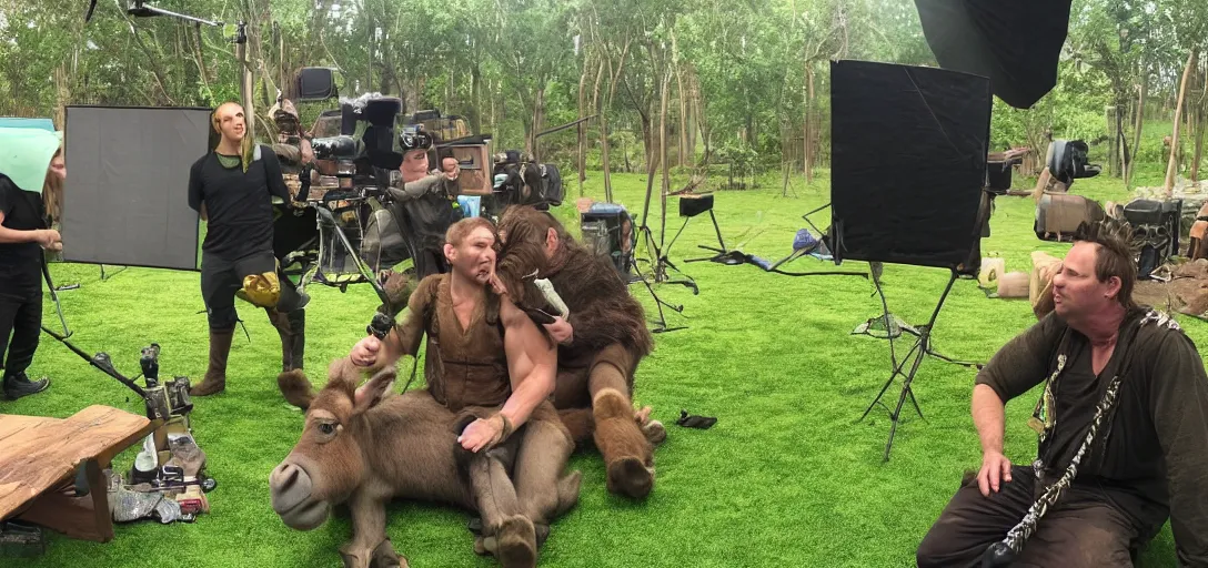 Image similar to behind the scenes photo of shrek, fiona and donkey taking a break in - between filming scenes. movie sound - set. green screen. director reviewing footage. donkey smoking a cigar.