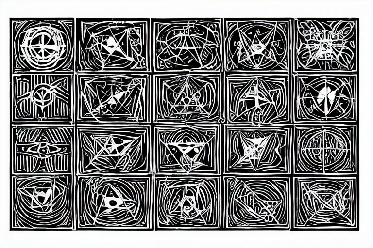 Image similar to lemegeton demonic sigils diagram clean shapes by bauhaus sprite sheet, b & w, vector