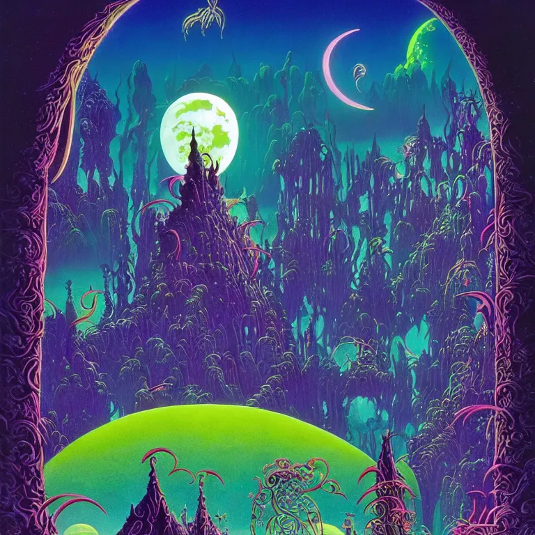 Prompt: mysterious crescent moon over magical crystal temple, bright neon colors, highly detailed, cinematic, tim white, eyvind earle, philippe druillet, roger dean, lisa frank, aubrey beardsley, ernst haeckel