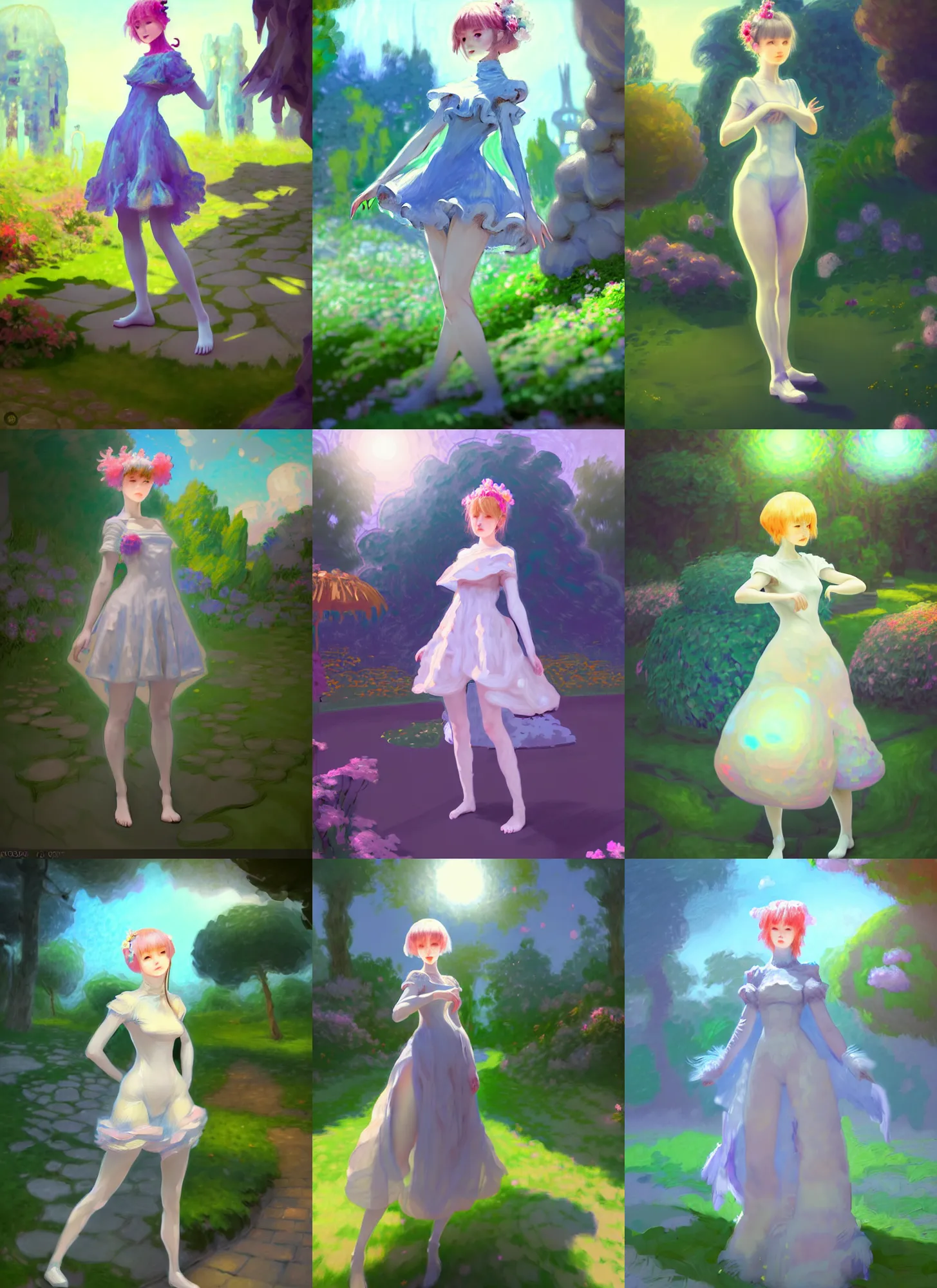Prompt: impressionist digital style, costume design from ice golem designers, artist reference pictures pose, sophisticated composition, old masters light composition, procedurally generated, epic kawaii human girl character posing for concept art, ancient garden behind her, substance designer, PBR, HD, Ultra detailed, hyperrealistic, megascans, volumetric light, concept by master artist, made in paint tool SAI2, trending pixiv face