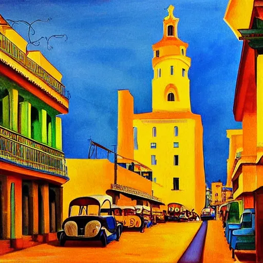 Image similar to art nouveau painting of streets of Havana, Cuba, colorful, beautiful, diverse, golden hour