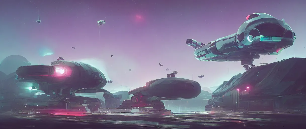 Image similar to concept art, industrial design spaceship drifting in space, dreamy, very large scales, brutalistic style, cinematic lighting, 4k, widescreen ratio, in the color palette of simon stalenhag