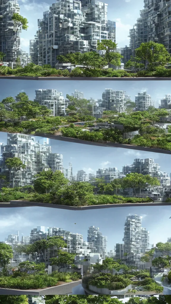 Prompt: 5 - panel comic page layout. crowd talking about sustainable futuristic building in a urban setting. ultrarealistic matte painting on white page. the building has many deep and tall balconies covered in plants and trees. thin random columns, large windows, deep overhangs. plants hang from balconies. greeble articulated details with plants. 8 k, uhd.