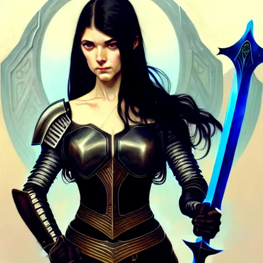 Image similar to portrait, woman dressed in plate armor with black hair and blue eyes wielding a greatsword, elegant, digital illustration, fire magic, detailed, intricate, sharp focus, digital painting, deep focus, digital painting, artstation, concept art, matte, art by artgerm and greg rutkowski and alphonse mucha