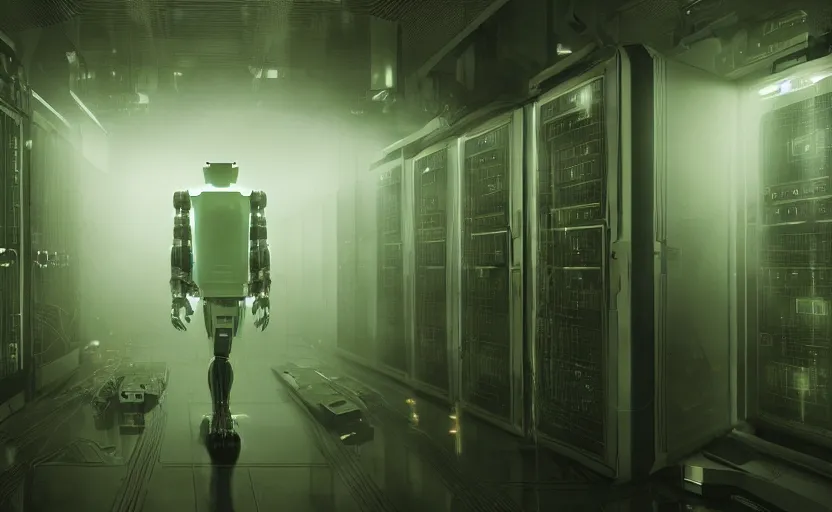 Image similar to extremely detailed cinematic movie still 3 0 7 7 foggy portrait shot of a robot dancing in an endless data centre by denis villeneuve, wayne barlowe, simon birch, marc simonetti, philippe druillet, beeple, bright volumetric sunlight from small windows, rich moody colors, closeup