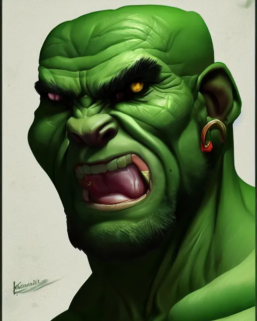 Image similar to « a portrait of a muscular green orc, a character portrait by paul kelpe, reddit contest winner, sots art, ilya kuvshinov, 2 d game art, parallax »