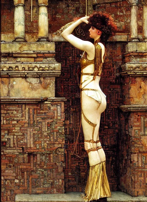 Image similar to portrait of helen of troy in armour outside the city walls, by lawrence alma tadema and rick berry and norman rockwell