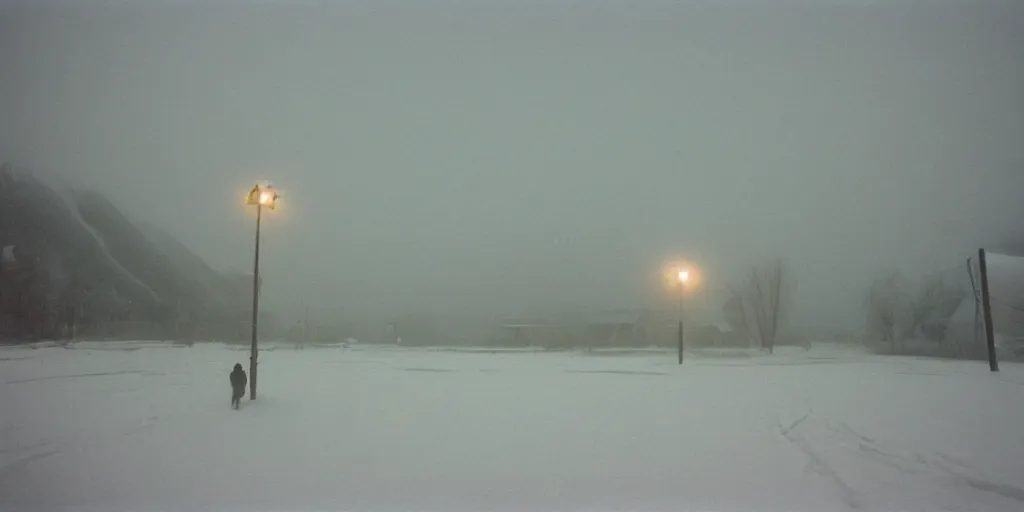 Prompt: photo of green river, wyoming covered in ice and snow, during a snowstorm. a old man in a trench coat and a cane appears as a hazy silhouette in the distance, looking back over his shoulder. cold color temperature. blue hour morning light, snow storm. hazy atmosphere. humidity haze. kodak ektachrome, greenish expired film, award winning, low contrast.