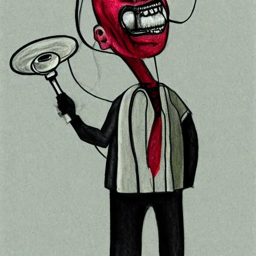 Prompt: a drawing of a clown with a stethoscope and wearing bloodied surgical scrubs, a character portrait by david firth, trending on deviantart, neoplasticism, freakshow, macabre