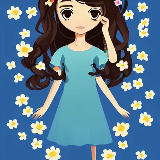 Image similar to hispanic girl with long brown hair, flower dress, face, sticker, emoji, white background, by rossdraws, ghibli