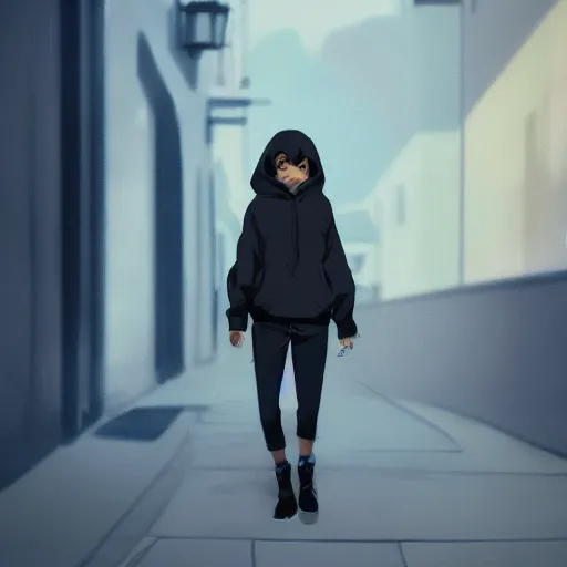 Image similar to a portrait of a moody teenage girl in a hoodie walking down a city street, dramatic lighting, makoto shinkai, trending on artstation