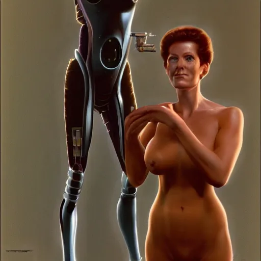 Image similar to woman integrating with technology, full body, abundent wiring and implants, sci-fi, highly detailed, Ralph McQuarrie and Peter Kemp