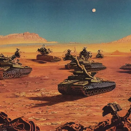 Image similar to tank battalion in the acid plains of mars, 1 9 5 0 s vintage sci - fi art, by bruce pennington