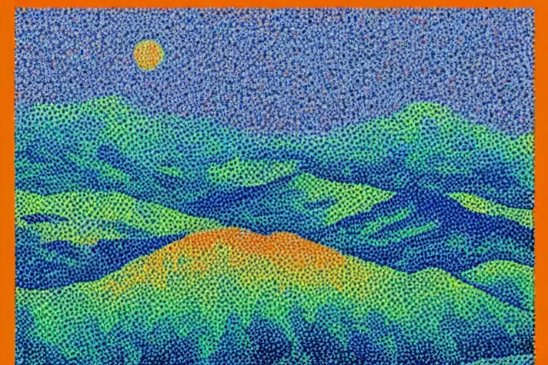 Prompt: Orange and teal mountains, pointillism
