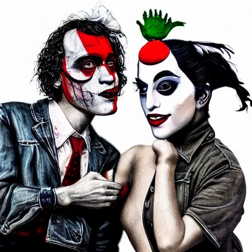 Prompt: mimmo rottela and banksy as joaquin phoenix skinny joker holding hand lady gaga harley queen, photorealistic, intricate details, pop art style, baroque, hyperdetailed, concept art