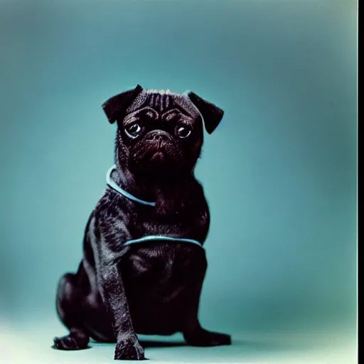 Prompt: high quality and realistic professional studio photo of a black pug puppy acting as a ninja, kodachrome, photo by robert capa
