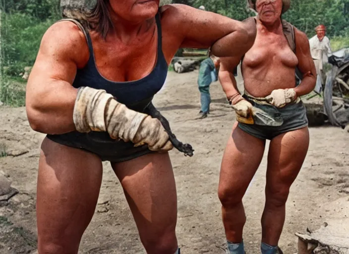 Prompt: A Very muscular miner woman, 90's professional color photograph.