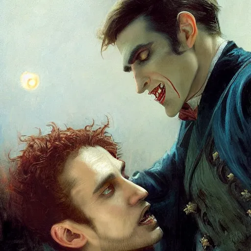 Image similar to attractive male, arthur pendragon confesses his love to attractive male dracula the vampire. highly detailed painting by gaston bussiere, craig mullins, j. c. leyendecker 8 k