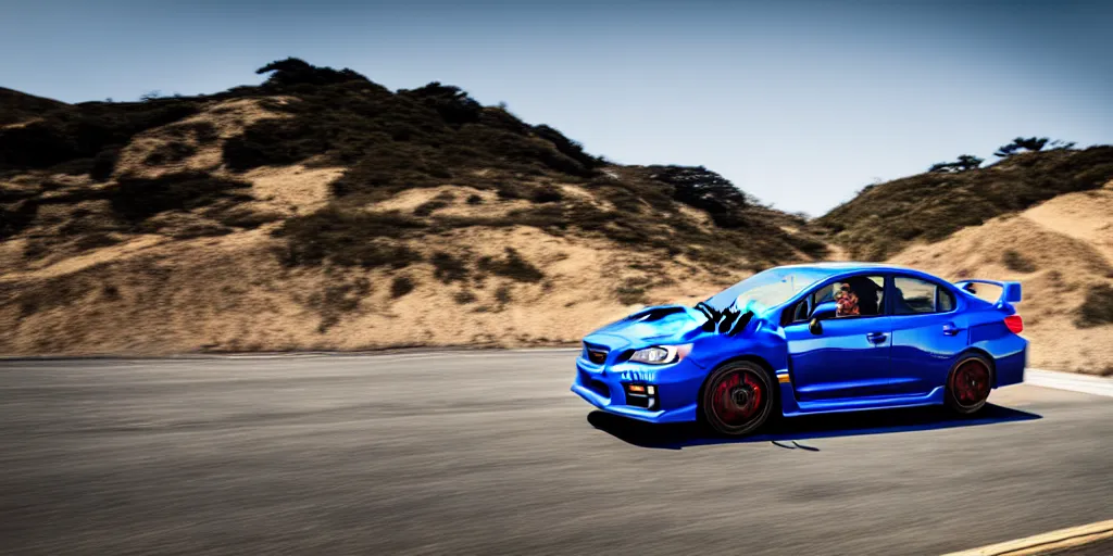 Image similar to photograph, 2014 Subaru WRX STi, cinematic, PCH, california coast, 8k, depth of field, bokeh.