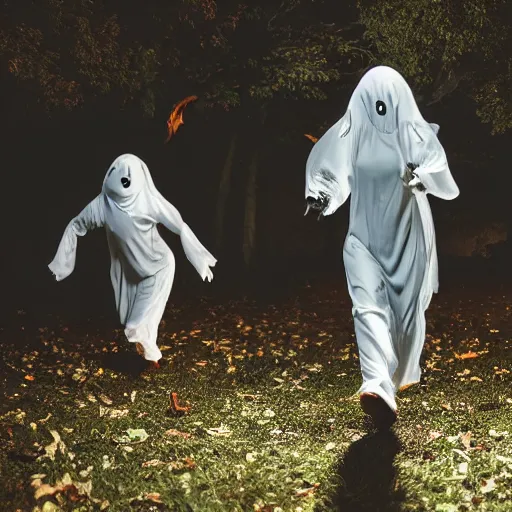 Image similar to cinematic lighting photograph of proffesional Ghost hunters running away from a person wearing a haloween ghost costume chasing them