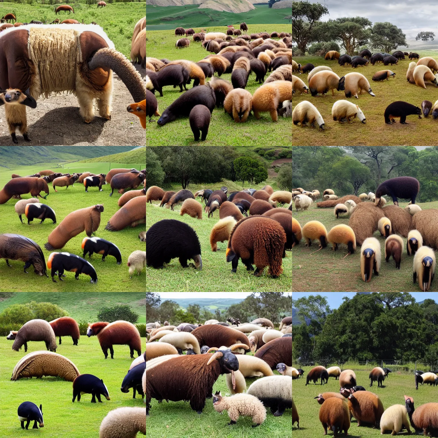 Prompt: a group of animals including anteaters, cows, sheep, chickens, dogs, cats