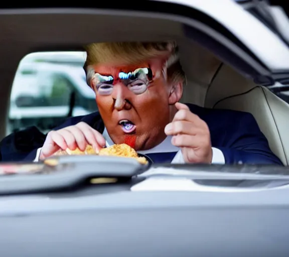 Prompt: candid photo of donald trump nervously ordering a bucket of chicken at a kfc drive thru in 2020