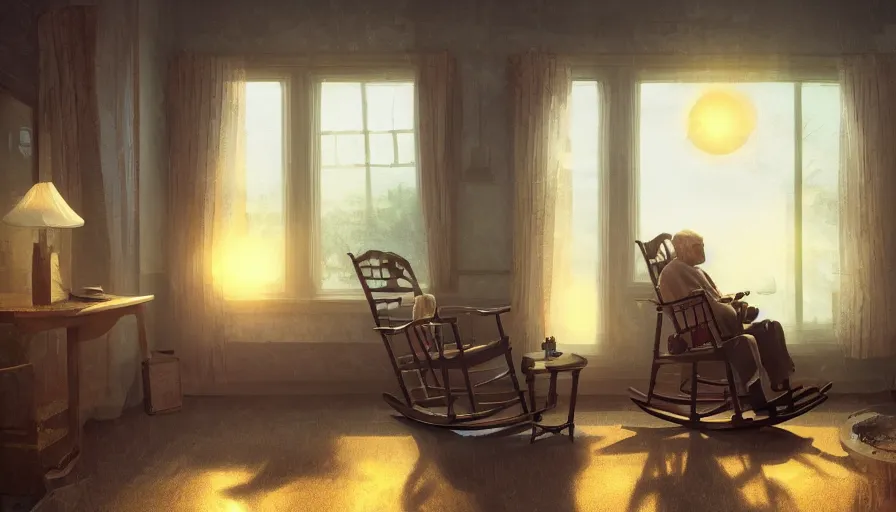 Prompt: Lonely old man on his rocking chair looking the sun at the windows of the living room of his old small house, hyperdetailed, artstation, cgsociety, 8k