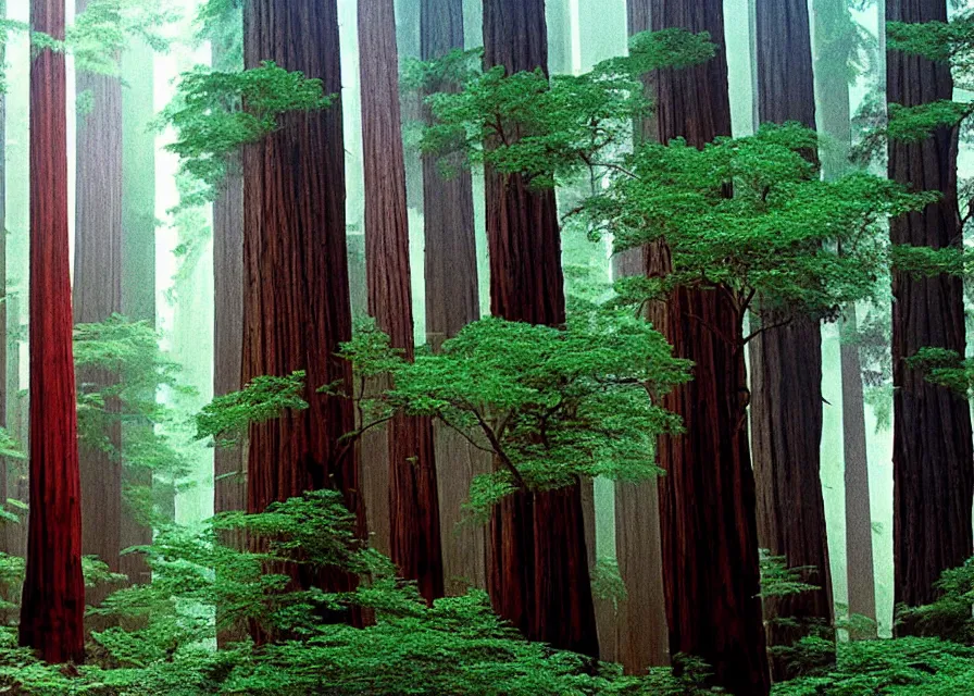 Prompt: a redwood forest with 1 9 8 0 s xerox copy machines, makoto shinkai, dusty