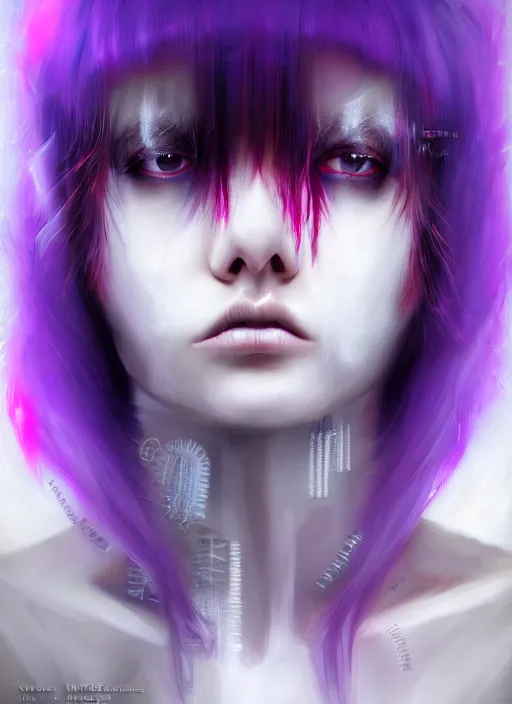 Image similar to hair whitebangs hair, black cyberlox, portrait of normal teenage girl, white bangs, messy bangs, fluffy bangs, cyberlox, whitebangs, red irises, purple background, intricate, elegant, highly detailed, digital painting, artstation, concept art, sharp focus, smooth, illustration, art by wlop, mars ravelo and greg rutkowski