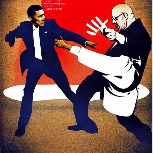 Image similar to Epic poster art of Barack Obama fighting Walter White, action shot