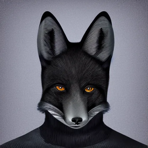 Prompt: handsome male anthropomorphic black fox, wearing a turtleneck, digital art