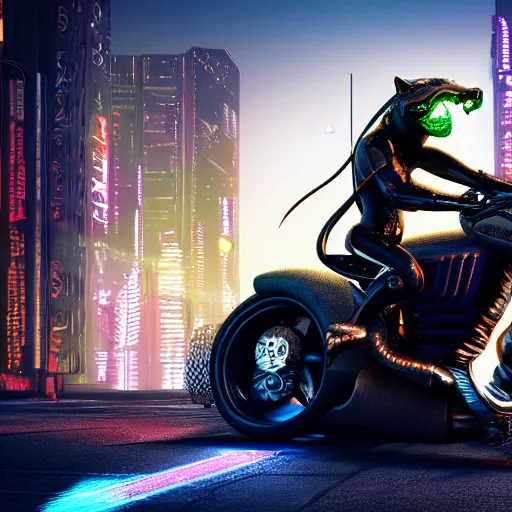 Image similar to portrait of a neon cyberpunk cyborg jaguar animal riding a motorcycle, octane render