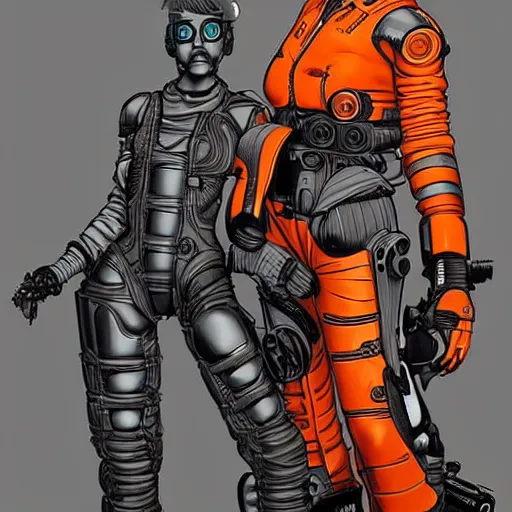 Prompt: cyberpunk mechanic lady in a jumpsuit with robotic feet and a cyberpunk eyepiece. orange and black color scheme. concept art by james gurney and mœbius. apex legends character art. gorgeous face.