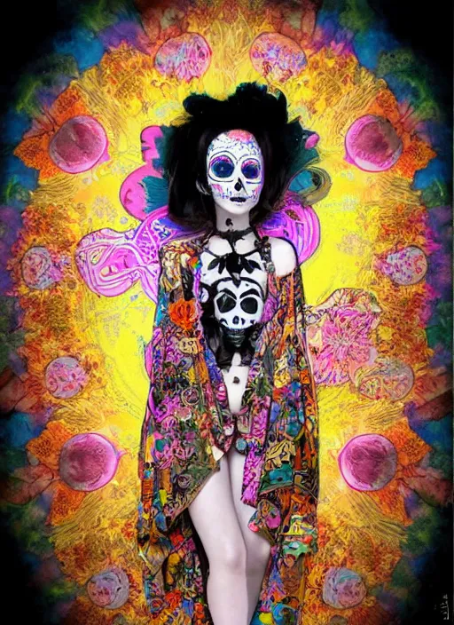 Prompt: cute punk goth fashion hippy fractal Día de los Muertos android girl wearing kimono made of light posing by Zhang Jingna, psychedelic poster art of by Victor Moscoso Rick Griffin Alphonse Mucha Gustav Klimt Ayami Kojima Amano Charlie Bowater, masterpiece