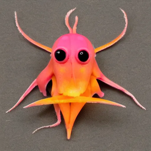 Image similar to an anthropomorphic rosy maple moth squid hybrid