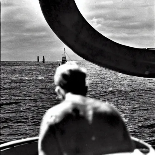 Prompt: A fearful man watching out the porthole of his submarine as something gazes back from the black abyss