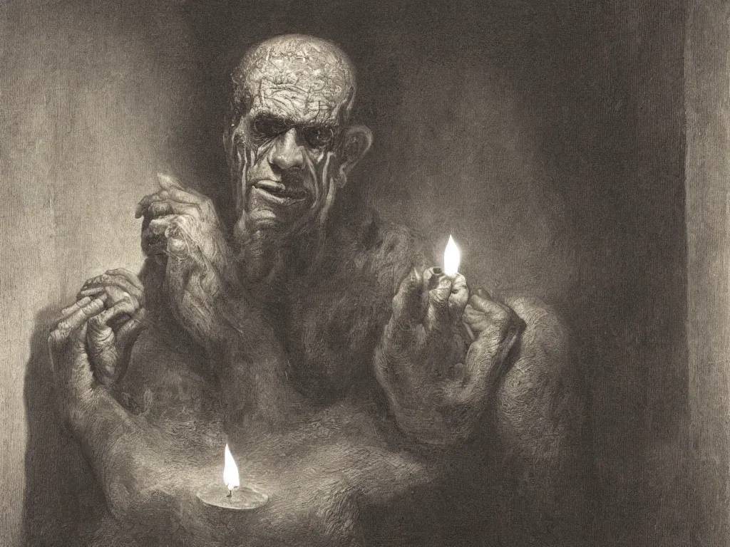 Prompt: Expressive portrait of an old frankenstein. Candlelight. Painting by Gustave Dore, August Sander