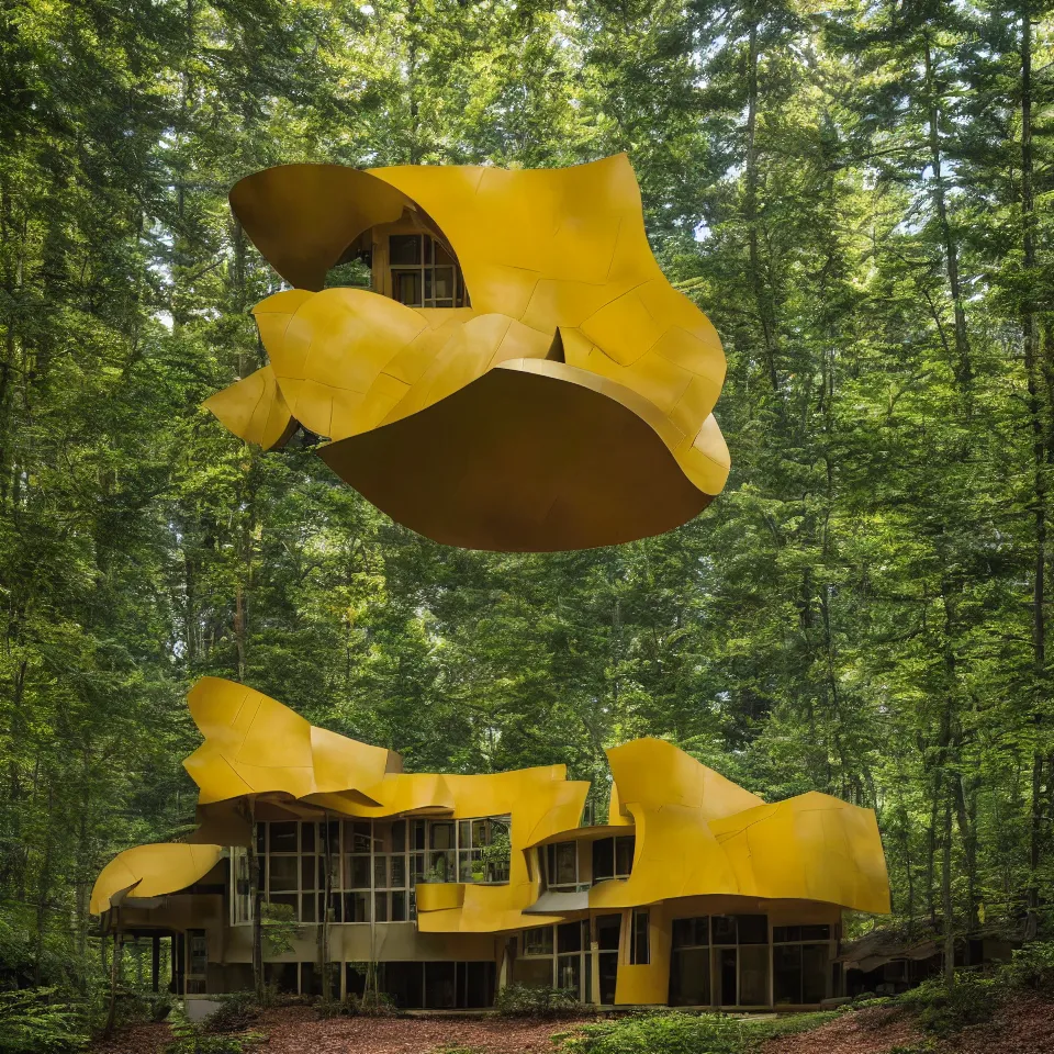 Image similar to architecture ad for a mid-century modern house in the middle of the forest, designed by Frank Gehry. Film grain, cinematic, yellow hue