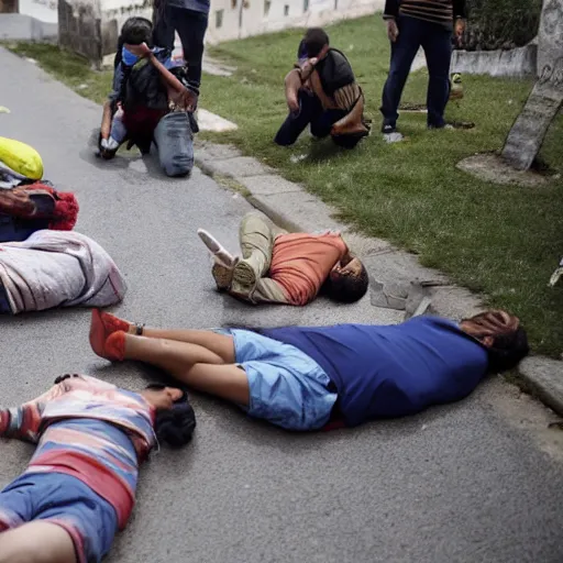 Image similar to several people laying on pavement, dead after gas attack, horror scene, landscape