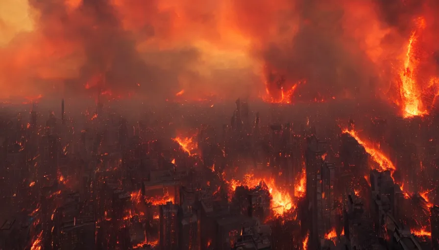 Prompt: movie scene of dragons destroying new york city, burning buildings, destruction, fire, ashes, smoke columns, people fleeing, dark sky, hyperdetailed, artstation, cgsociety, 8 k