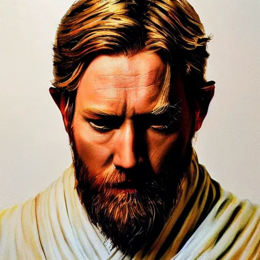 Prompt: an ultra - realistic portrait painting of obi - wan kenobi in the style of alex ross. 4 k. ultra - realistic. highly detailed. epic lighting.