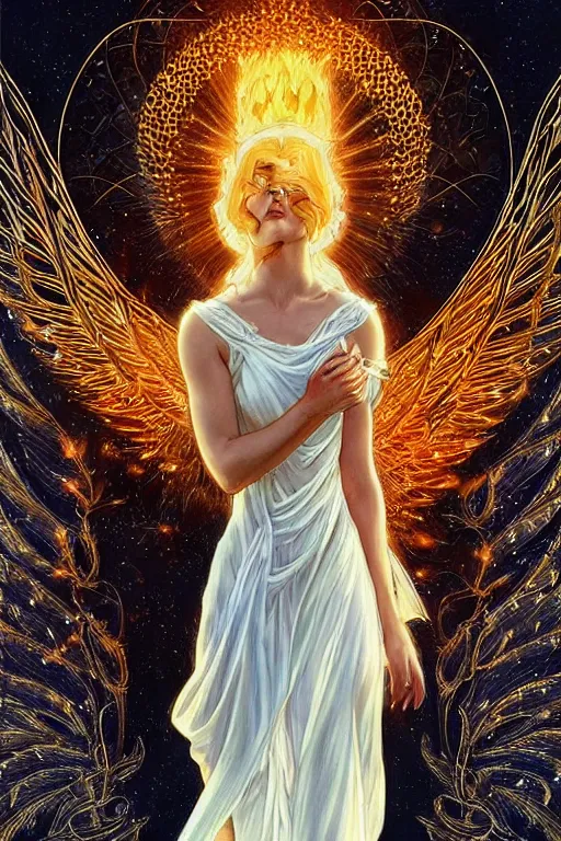 Prompt: phoenix angel in white dresses of fireflies and flameches, symmetrical facial features, flames stainglass and moonlight background, intricate, elegant, highly detailed, digital painting, artstation, concept art, matte, sharp focus, illustration, intricate art nouveau frame, art by Artgerm and Greg Rutkowski and Alphonse Mucha