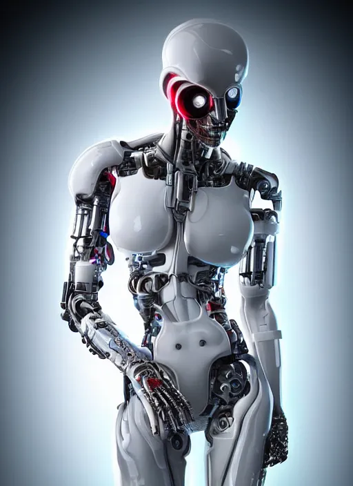 Image similar to photorealistic detailed full body picture of a female cyborg, pretty face with arm and legs, neon lights, white suit, humanoid, extreme, uhdr, book called the most influental cyborg in 2 0 5 0, fine details, highly detailed, intricate, smooth sharp focus