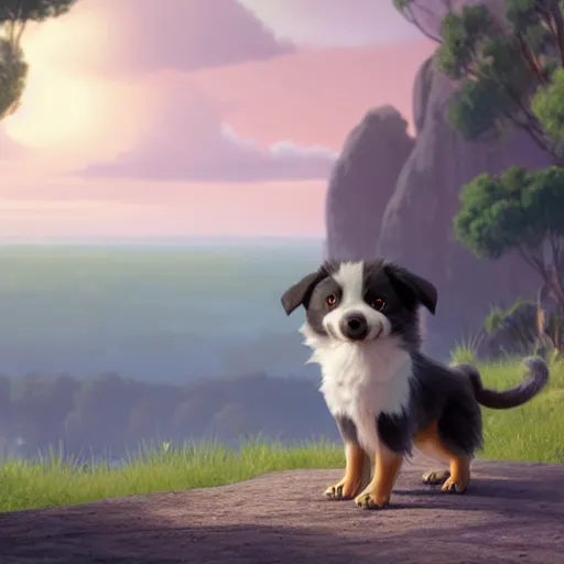 Image similar to a wholesome animation key shot of a gray black copper australian shepherd puppy, studio ghibli, pixar and disney animation, sharp, rendered in unreal engine 5, anime key art by greg rutkowski, bloom, dramatic lighting